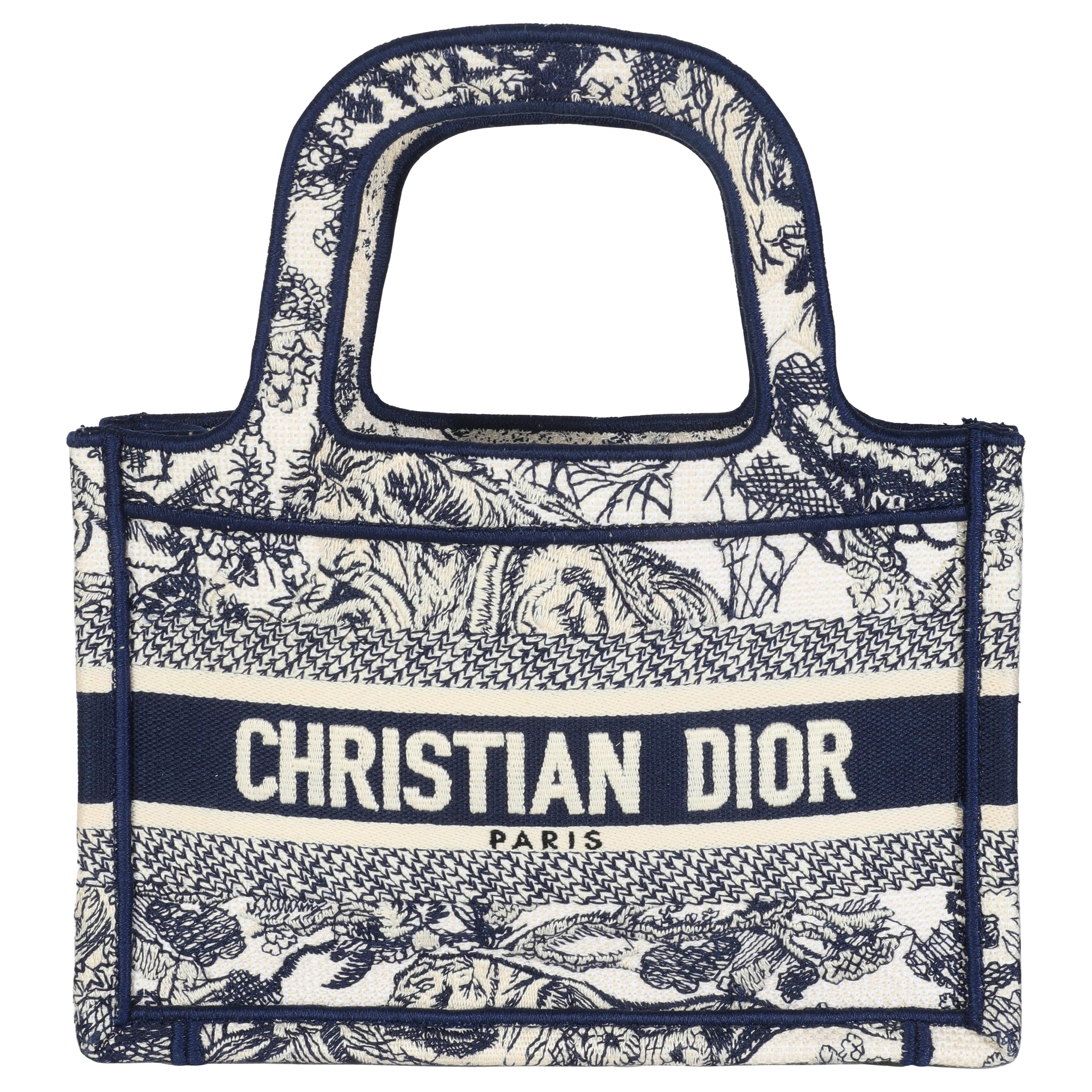 Christian Dior Lienzo Azul Bordado Toile De Jouy Mini Book Tote en venta