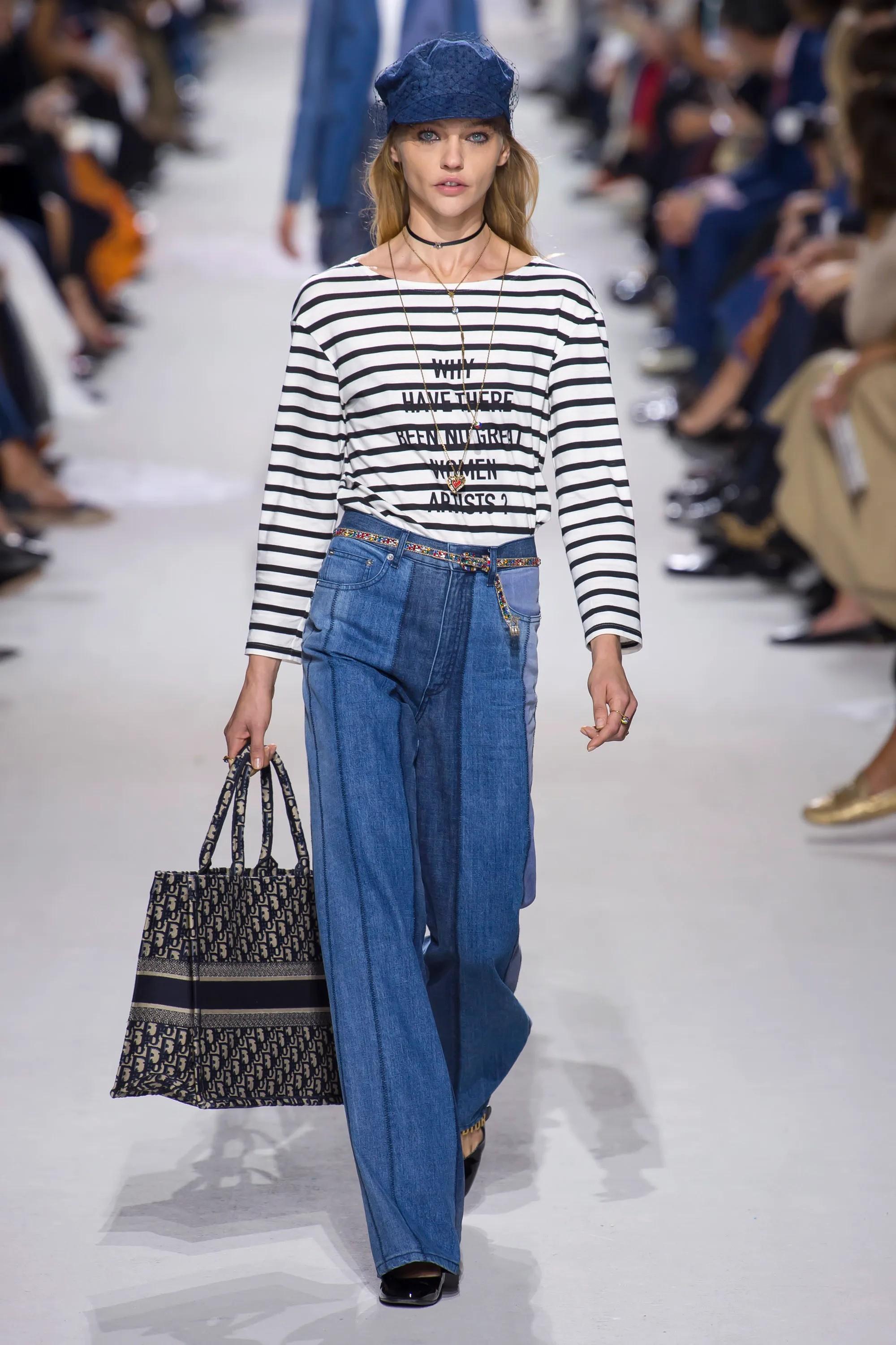 CHRISTIAN DIOR blue cotton 2018 PATCHWORK STRIPED WIDE Jeans Pants 36 XS en vente 3