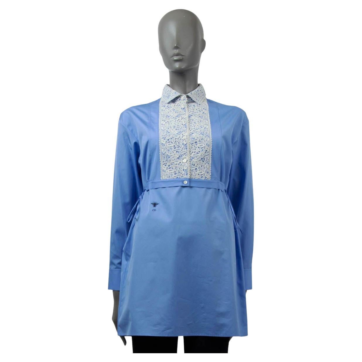 CHRISTIAN DIOR blue cotton 2021 LACE PLASTRON BELTED TUNIC Shirt 34 XXS