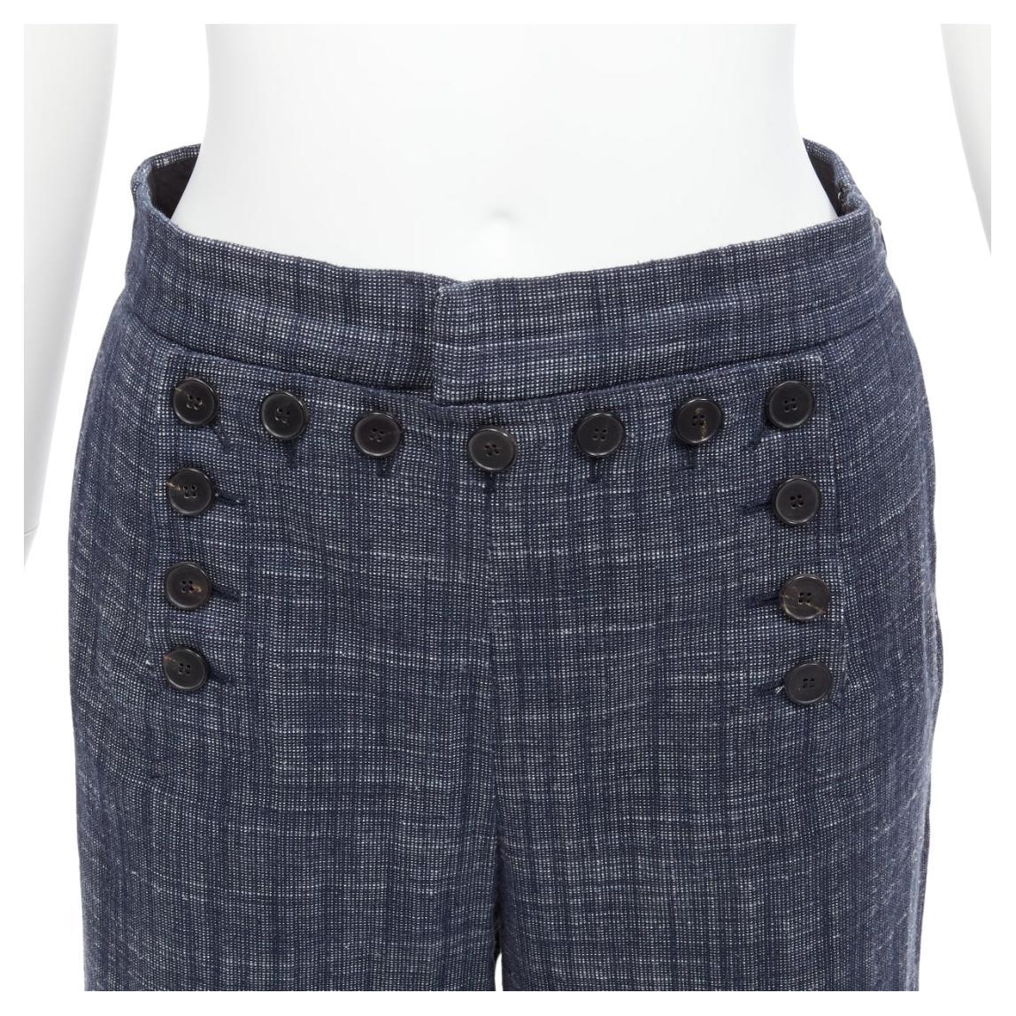 CHRISTIAN DIOR blue cotton linen blend sailor button wide leg pants FR36 S
Reference: TGAS/D00381
Brand: Dior
Designer: Raf Simons
Material: Cotton, Linen, Polyester
Color: Blue
Pattern: Solid
Closure: Zip
Lining: Black 
Extra Details: Left zip