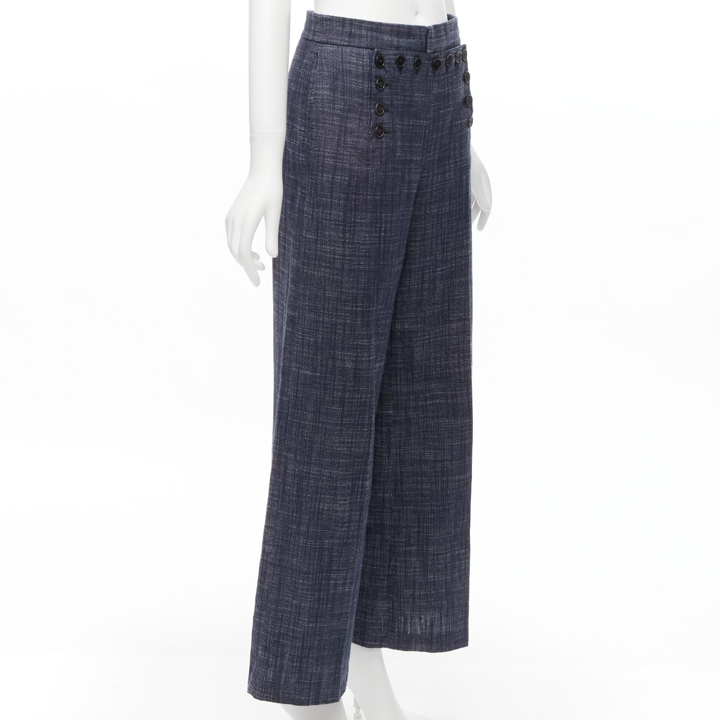 Black CHRISTIAN DIOR blue cotton linen blend sailor button wide leg pants FR36 S