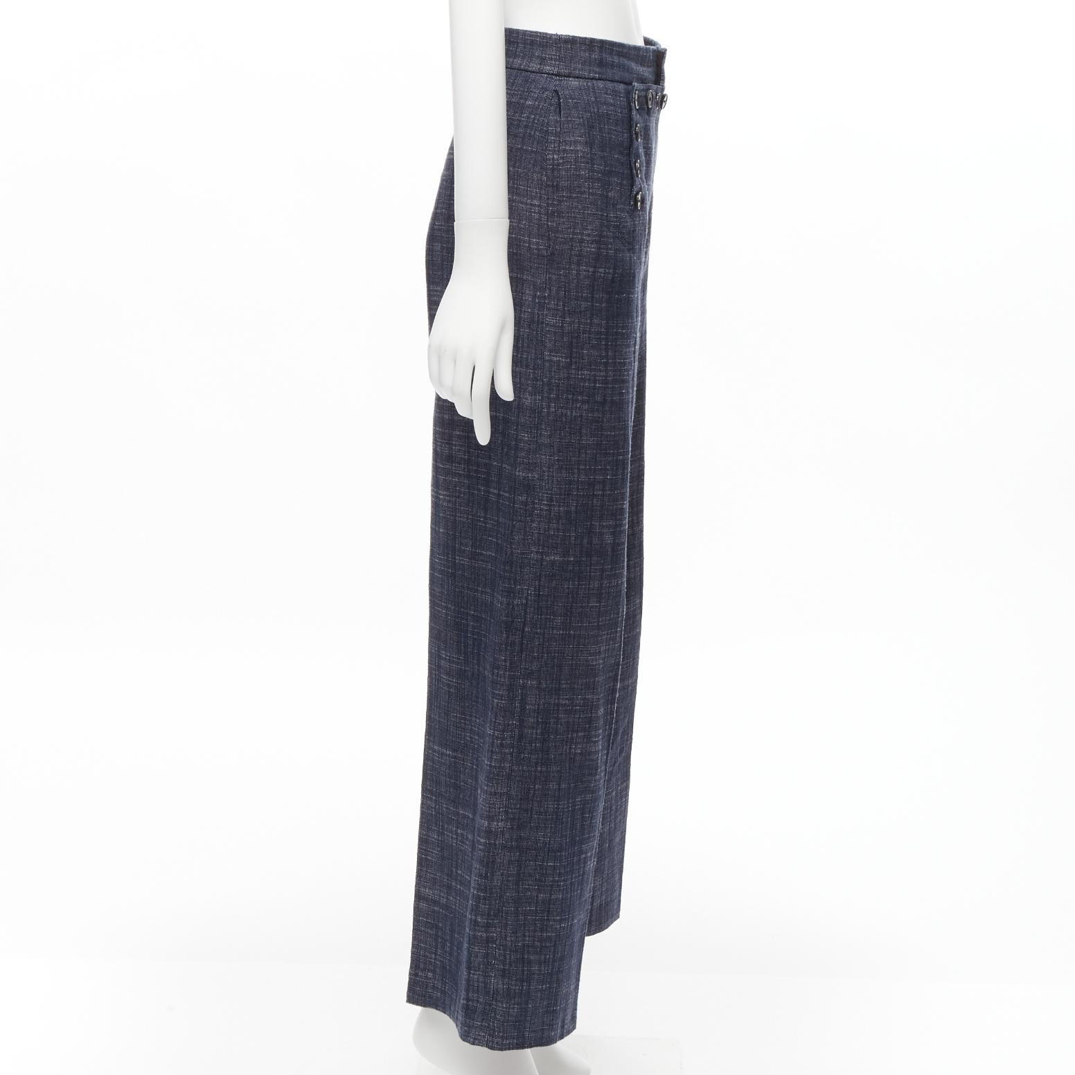 Women's CHRISTIAN DIOR blue cotton linen blend sailor button wide leg pants FR36 S For Sale