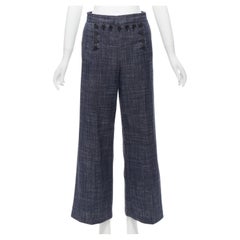 CHRISTIAN DIOR - Pantalon large à boutons en coton lin mélangé bleu marin FR36 S