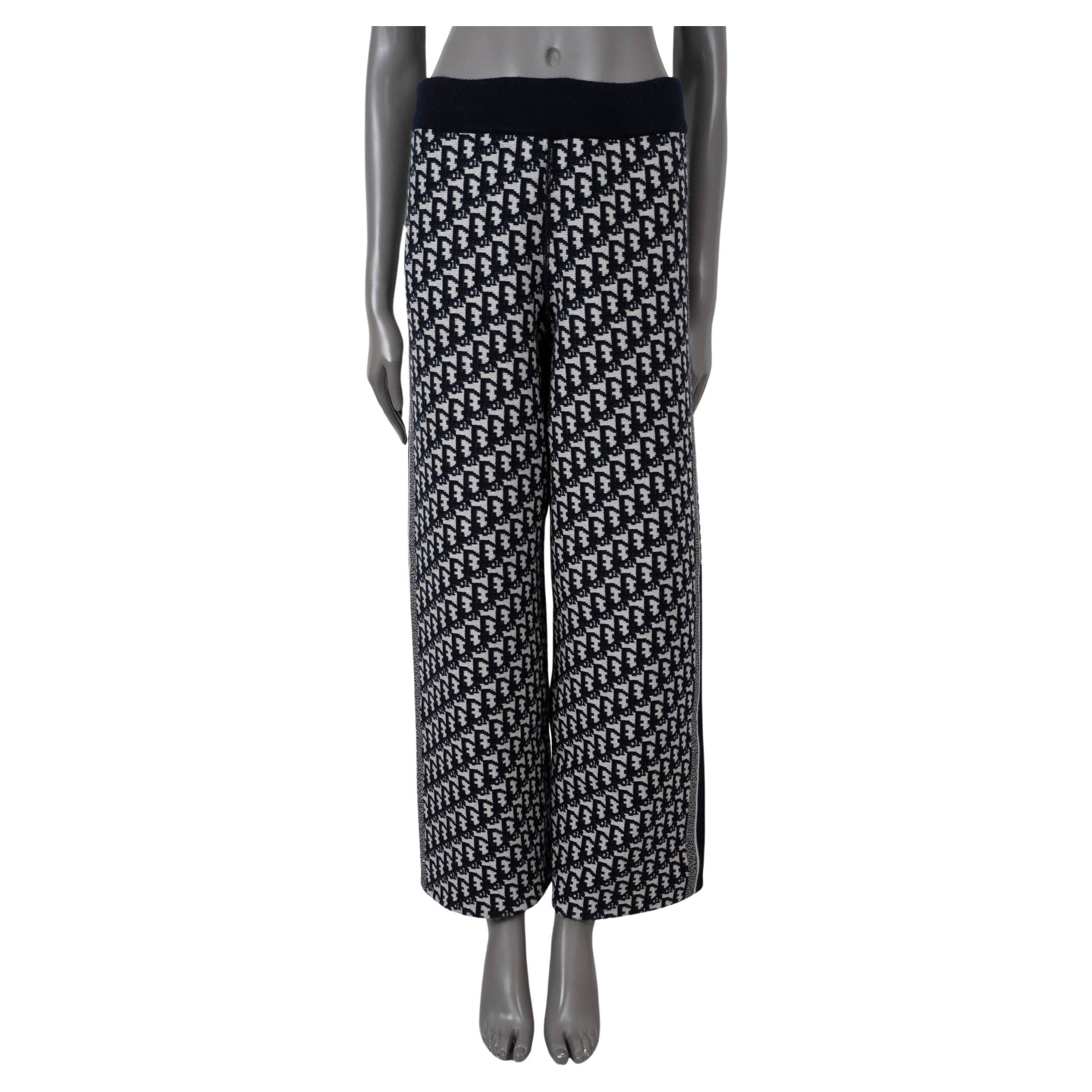 CHRISTIAN DIOR blue & cream cashmere REVERSIBLE OBLIQUE JACQUARD Pants S For Sale