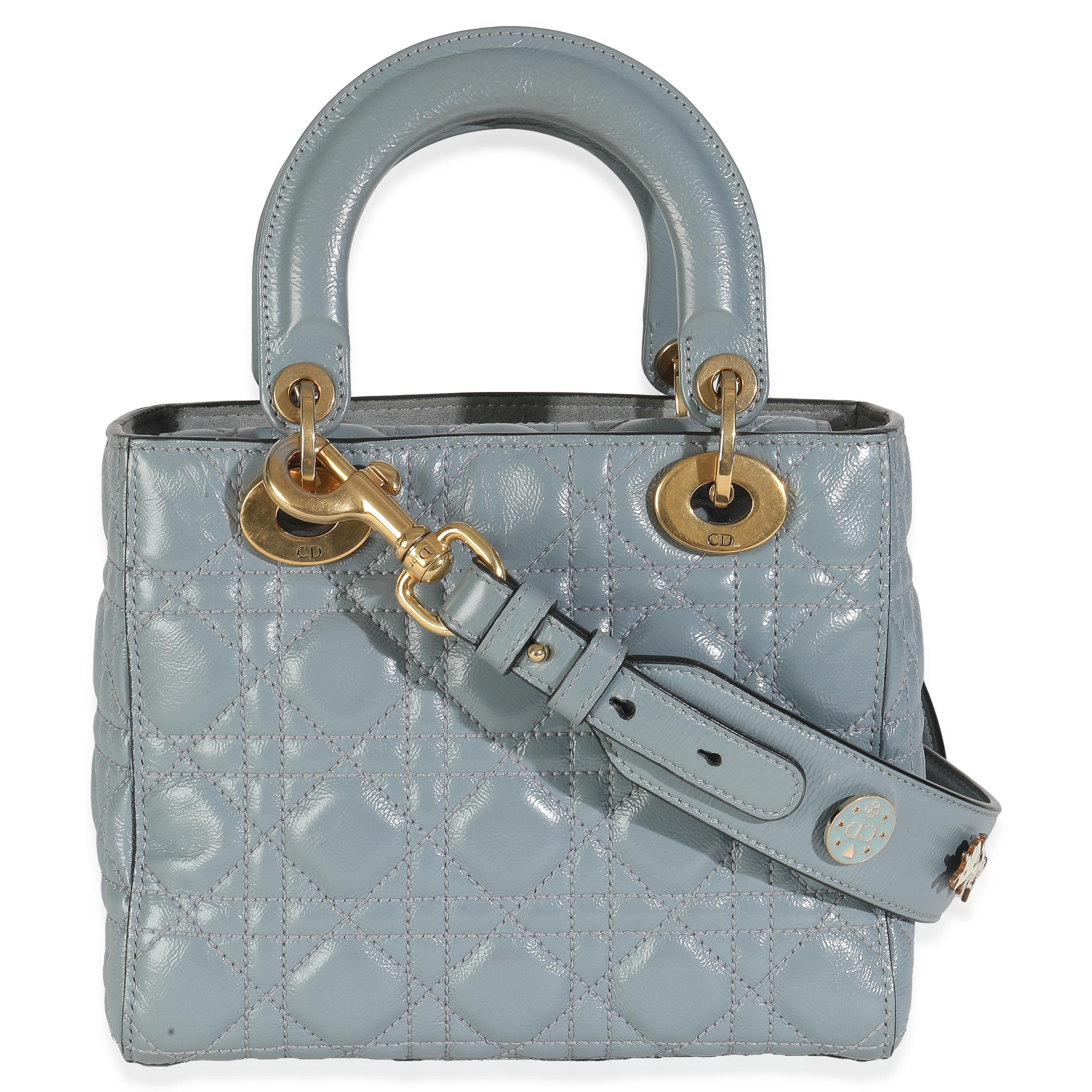 Listing Title: Christian Dior Blue Crinkled Patent Cannage Small My ABCDior Lady Dior
SKU: 147967
MSRP: 6000.00 USD
Condition: Pre-owned 
Condition Description: Originally named the 'Chouchou', the Lady Dior bag from Dior was renamed after Princess
