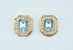 CHRISTIAN DIOR Blue Crystal & Rhinestone Gold Plated Earrings, 1980's