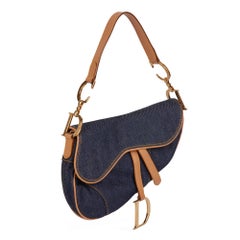Christian Dior Blue Denim & Beige Calfskin Leather Vintage Saddle Bag