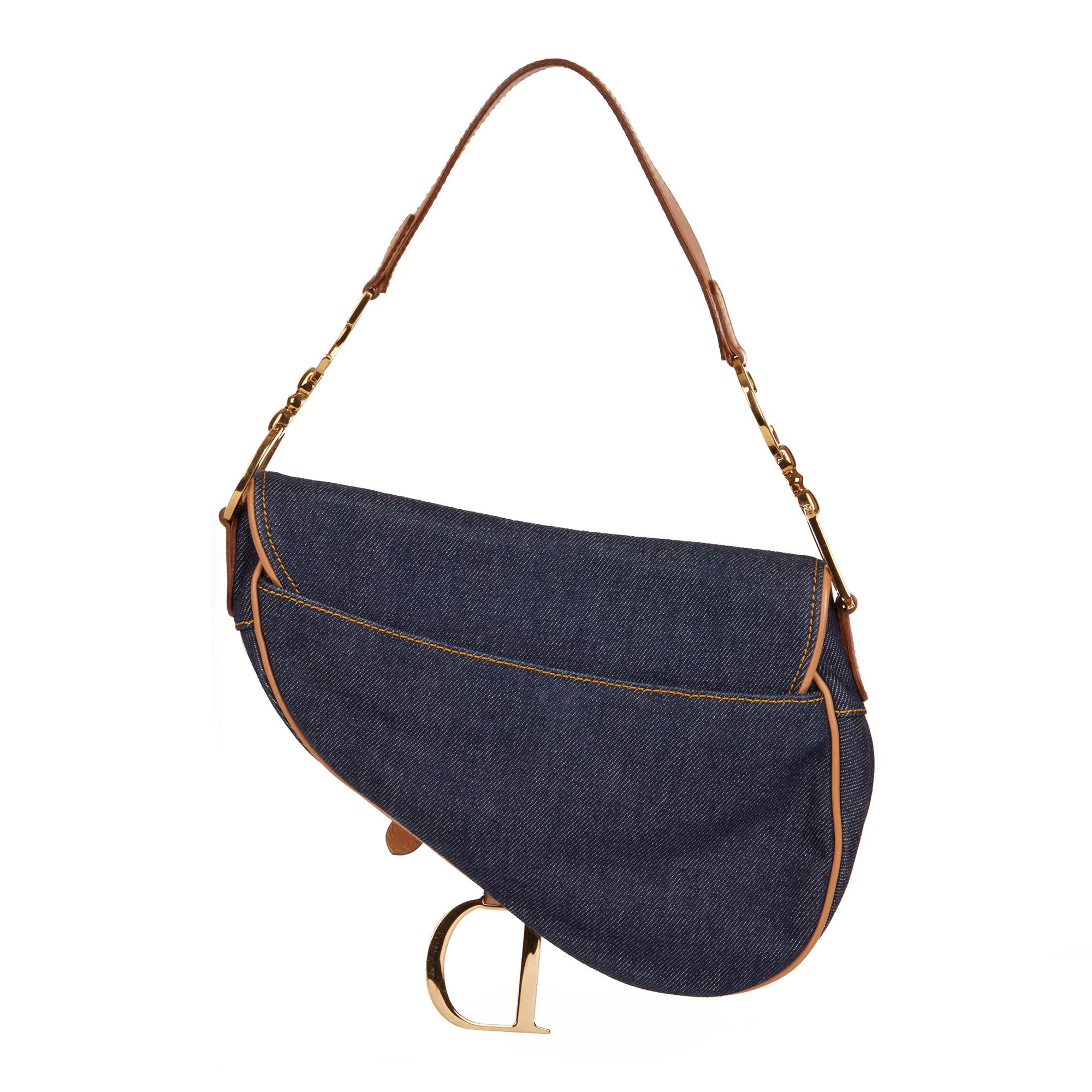 Black Christian Dior Blue Denim & Beige Calfskin Leather Vintage Saddle Bag