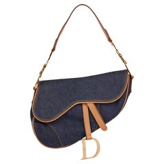 Christian Dior Blue Denim & Beige Calfskin Leather Vintage Saddle Bag