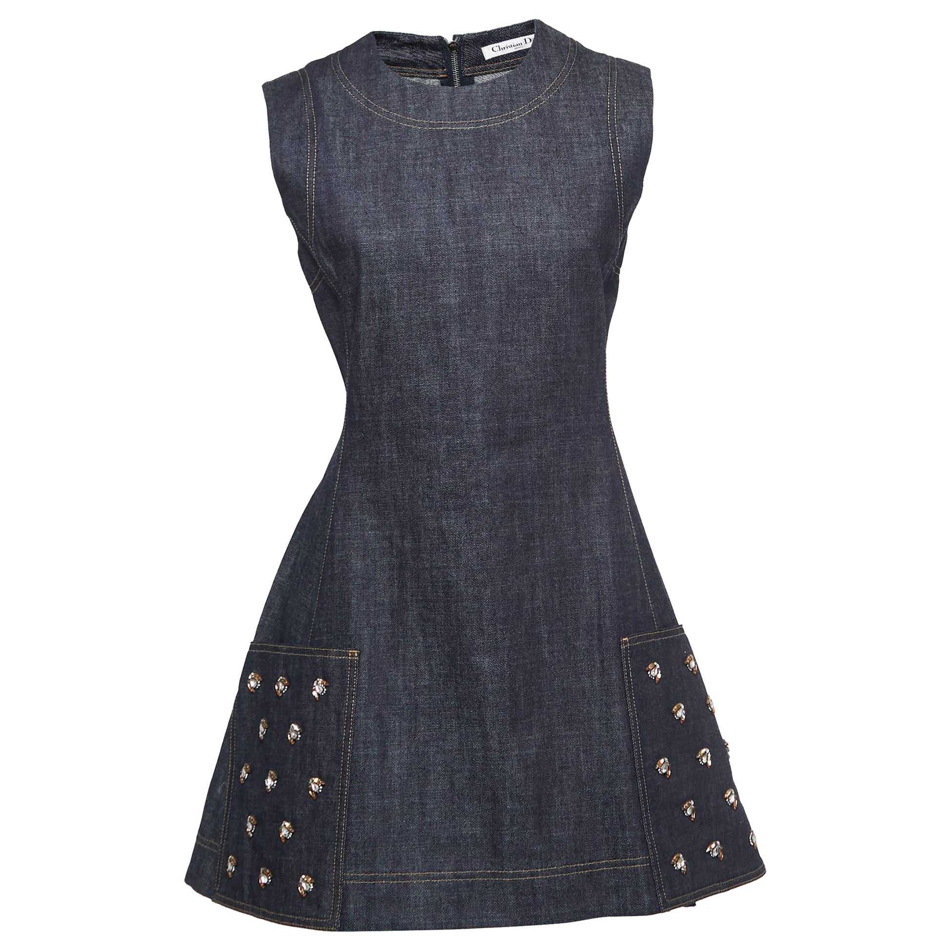 Christian Dior Blue Denim Embellished Sleeveless Short Dress M