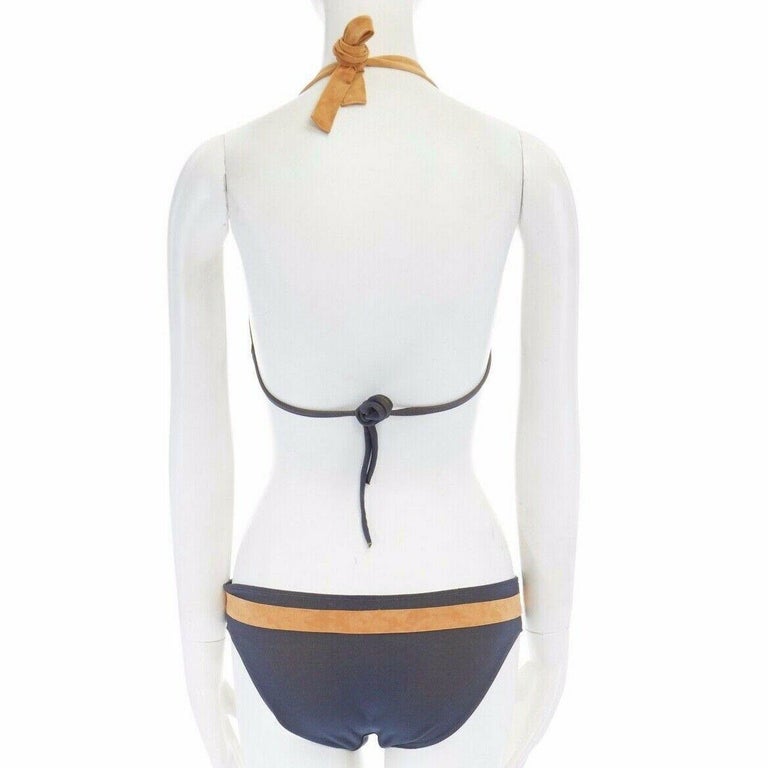 CHRISTIAN DIOR blue denim faux suede trimmed key medallion charm bikini