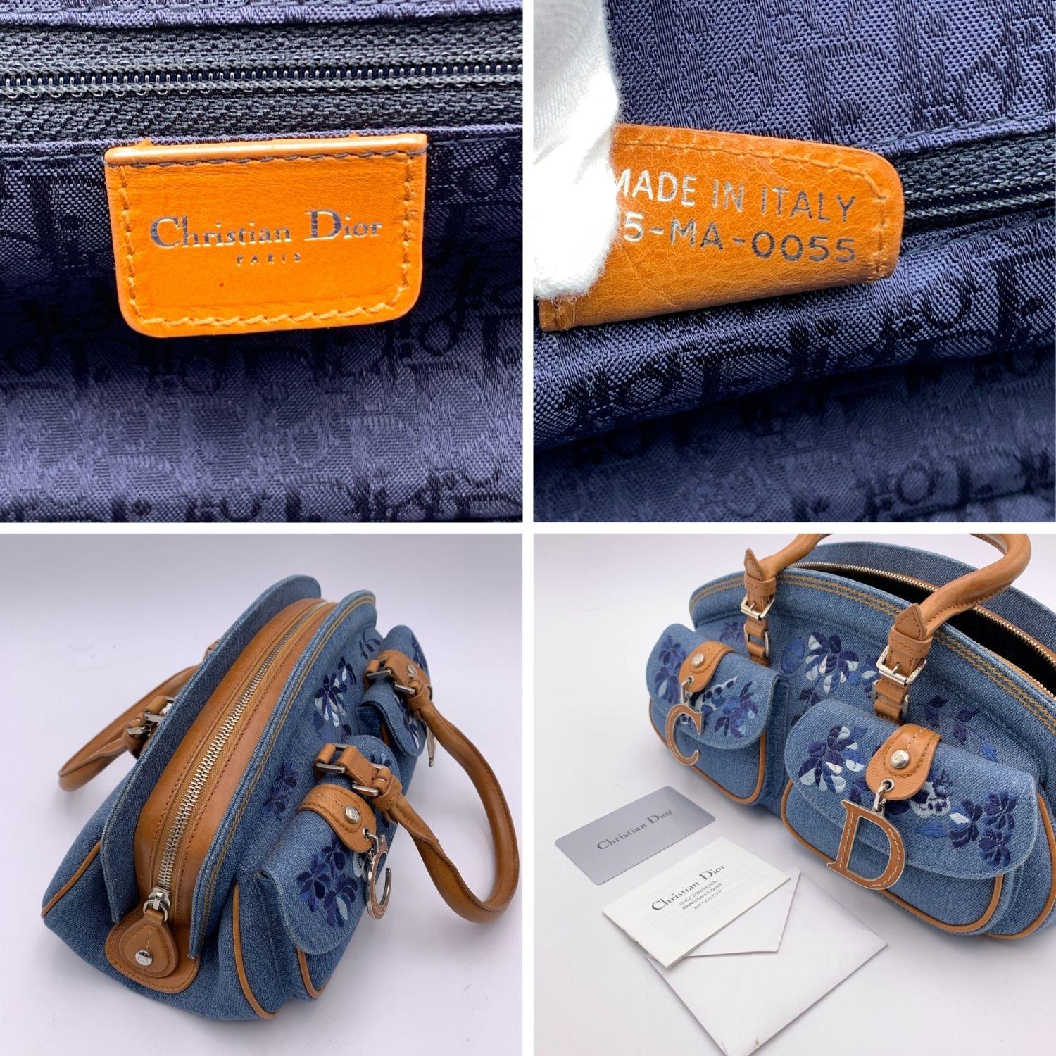 Christian Dior Blaue Denim-Tasche/Umhängetasche mit Blumenstickerei 1