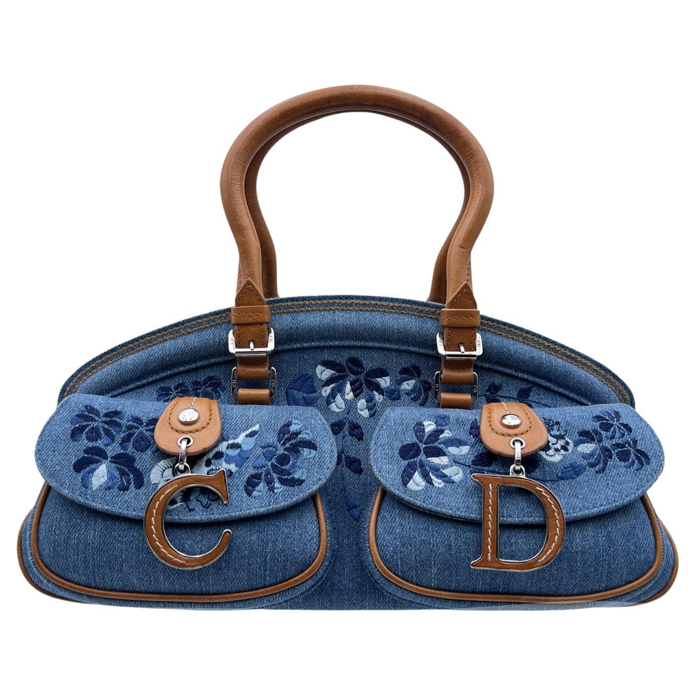 Christian Dior Blue Denim Floral Embroidery Detective Bag Satchel