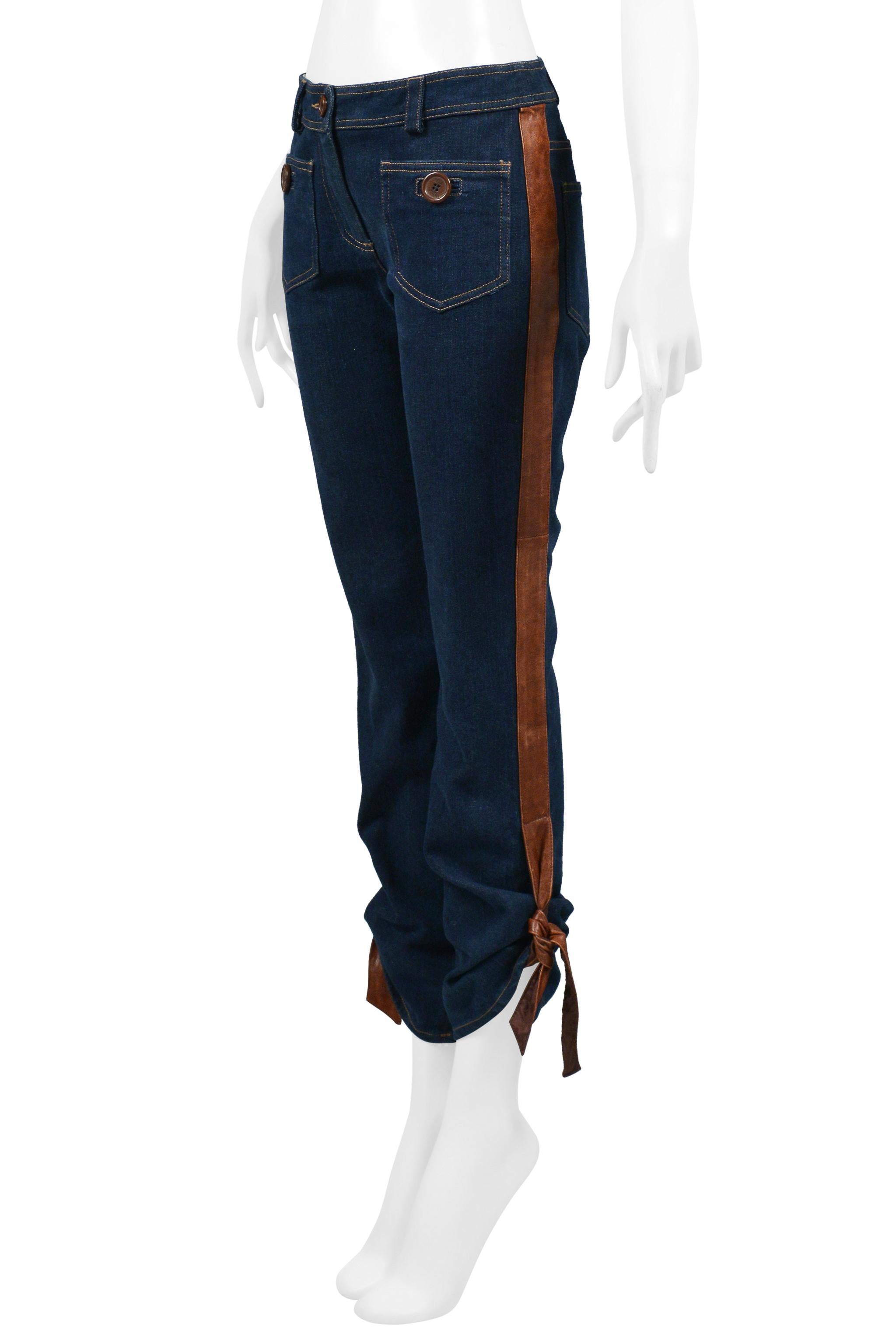 Christian Dior Blue Denim Jeans With Leather Trim & Ties 2005 In Excellent Condition For Sale In Los Angeles, CA