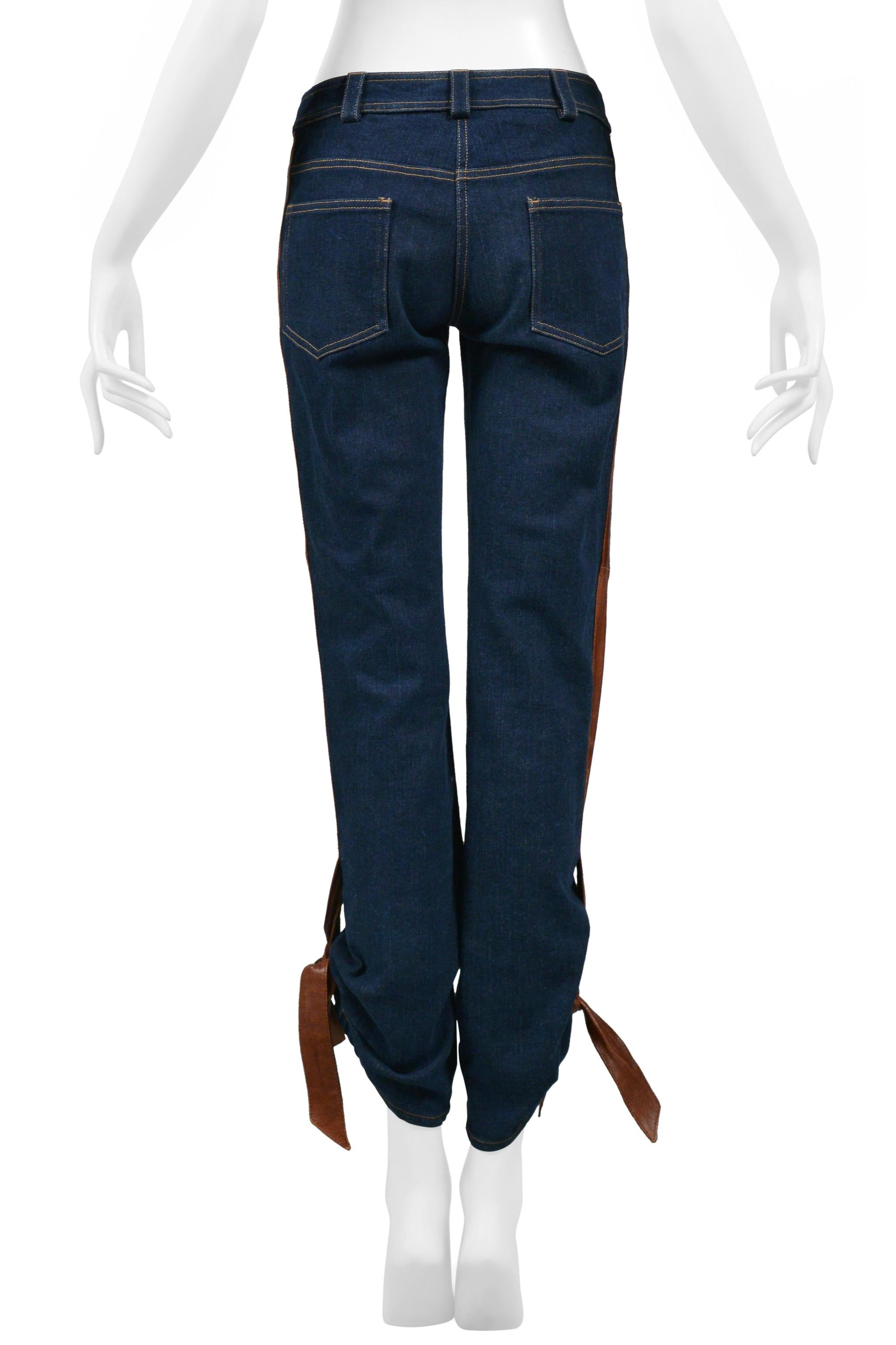 Christian Dior Blue Denim Jeans With Leather Trim & Ties 2005 For Sale 5