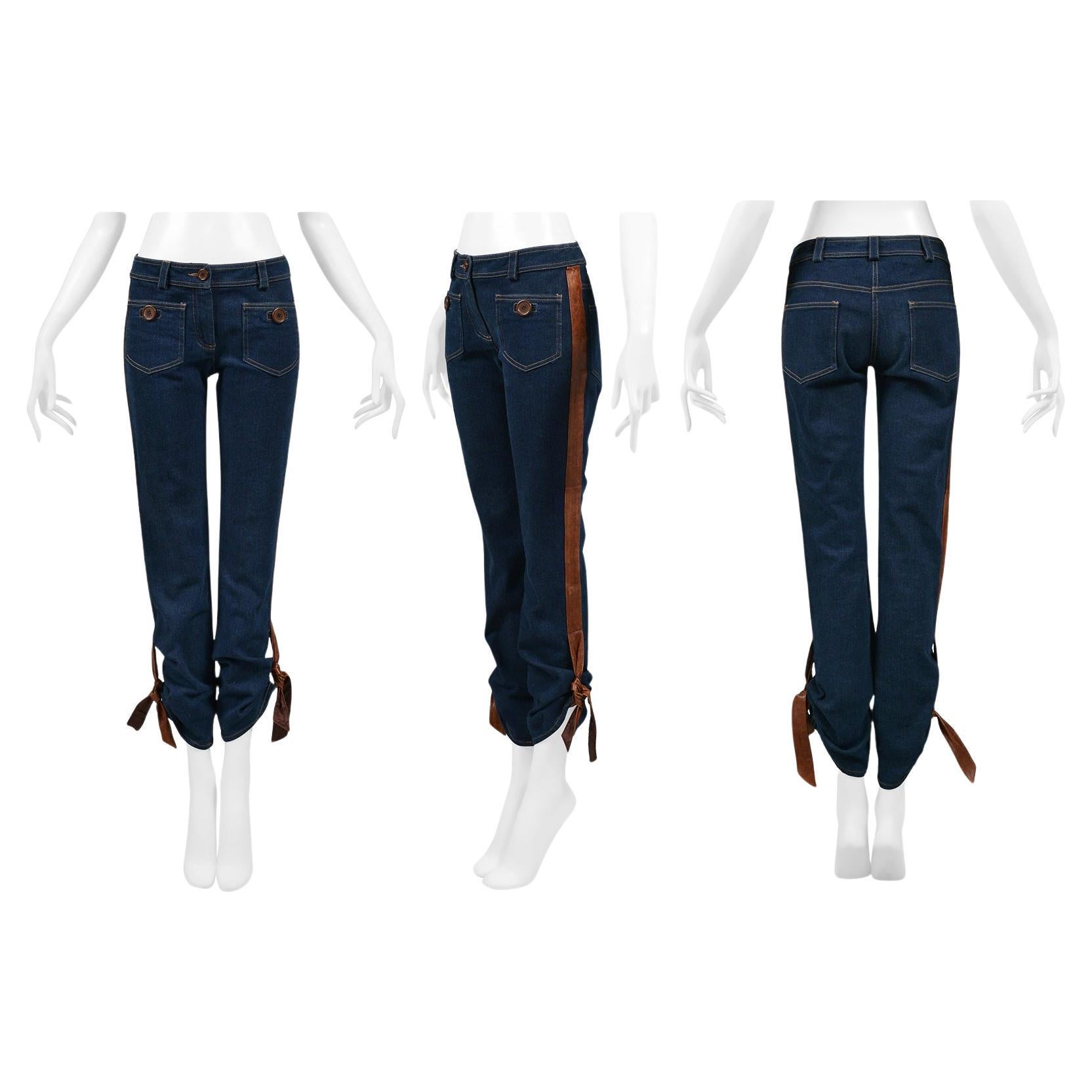 Christian Dior Blue Denim Jeans With Leather Trim & Ties 2005 For Sale