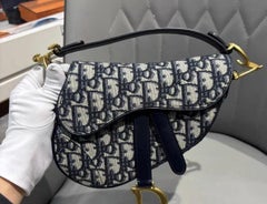 Christian Dior Blue Dior Oblique Jacquard Canvas Mini Saddle Bag with Gold Hardw
