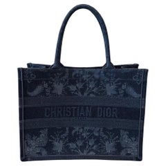 Christian Dior Blue Flower Denim Embroidered Medium Book Tote 