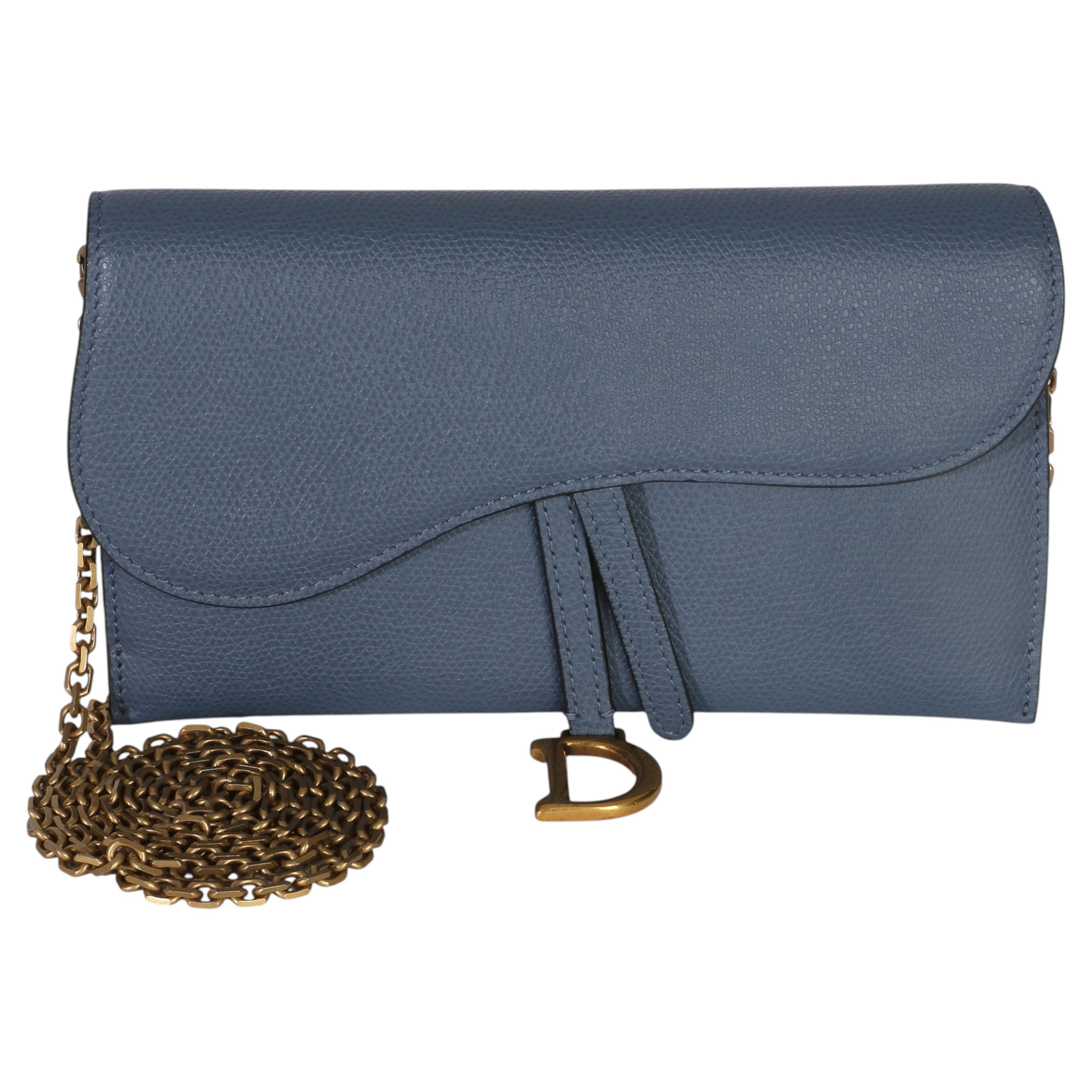 Christian Dior Blue Grained Calfskin Small Saddle Pouch With Chain For Sale