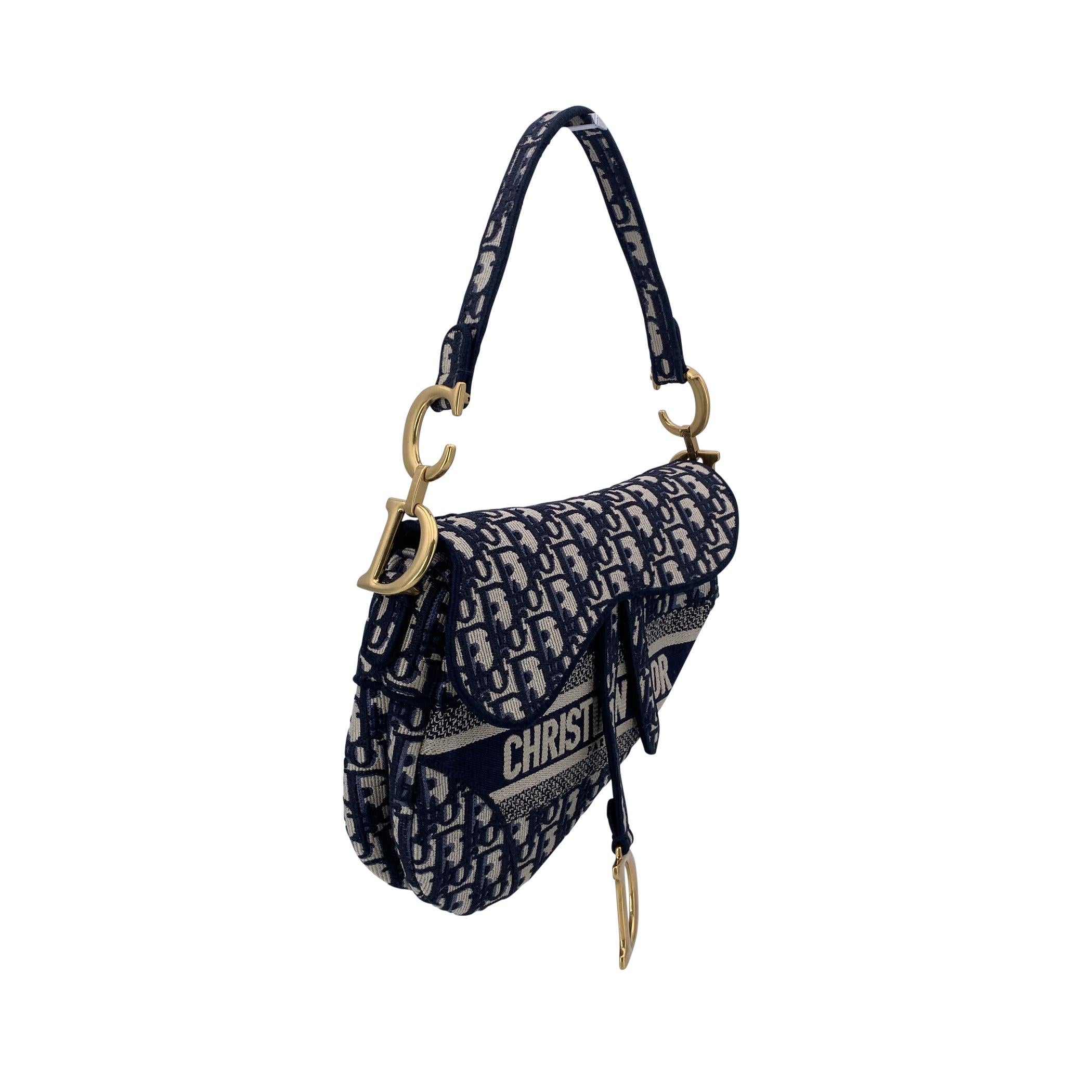 Noir Christian Dior Bleu Jacquard Oblique Canvas Embroidery Saddle Bag en vente