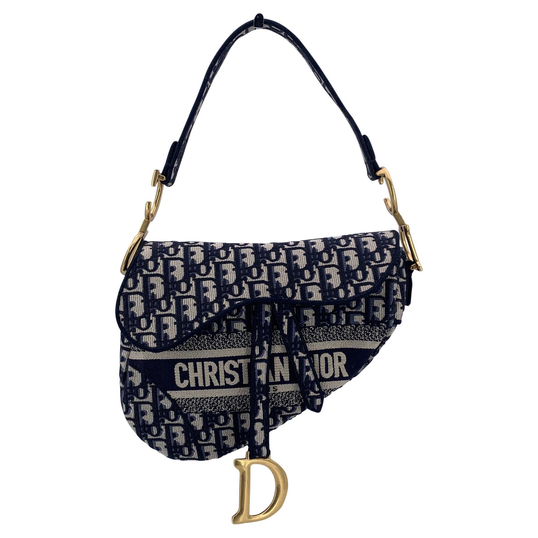 Christian Dior Bolsa de sillín de lona jacquard azul con bordado oblicuo