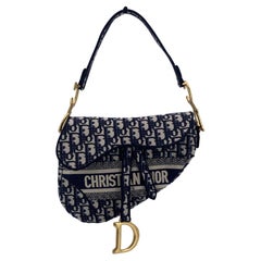 Christian Dior - Borsa a tracolla in tela jacquard blu con ricamo obliquo