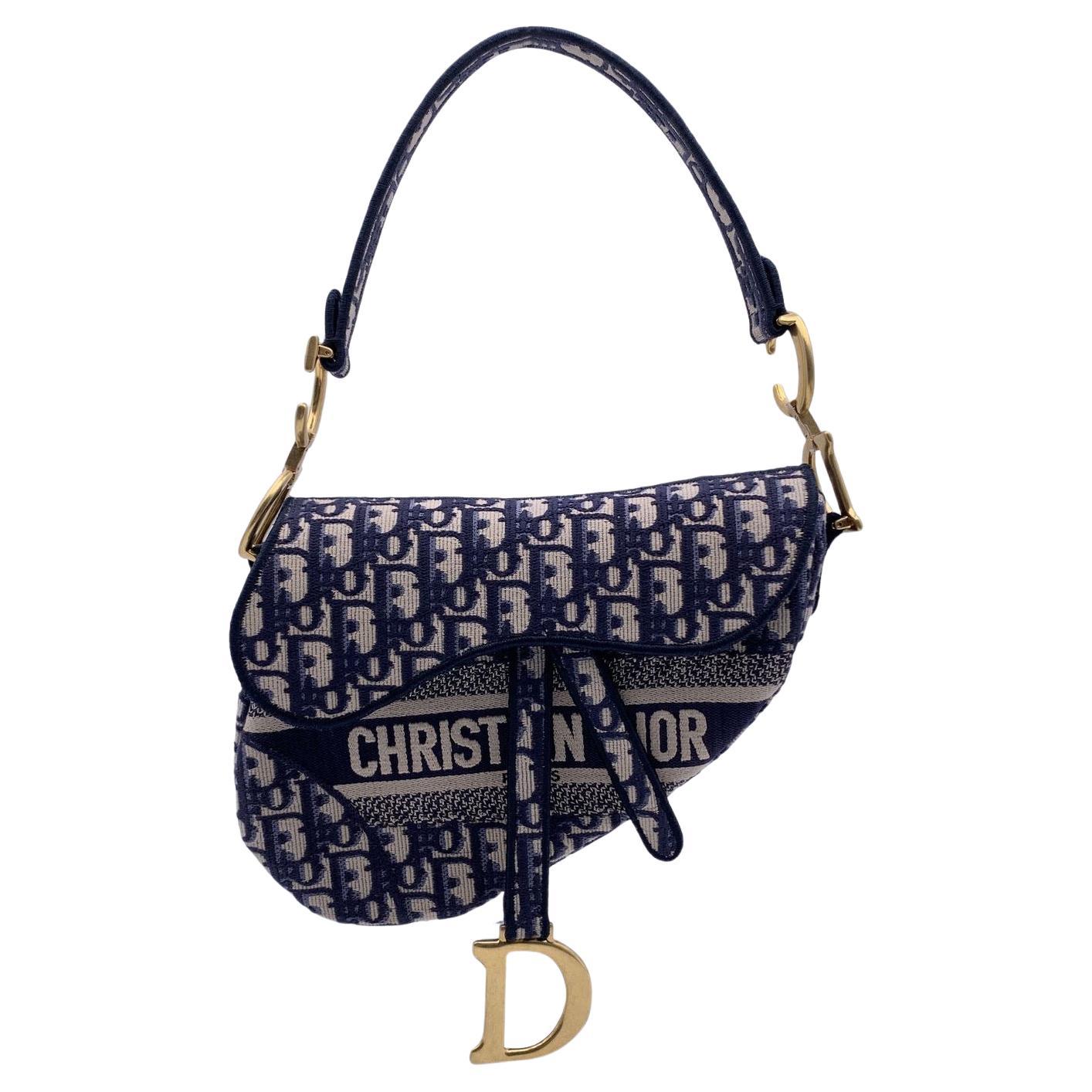 Christian Dior Blaue Satteltasche aus Jacquard mit schräger Segeltuchstickerei und Sattel im Angebot