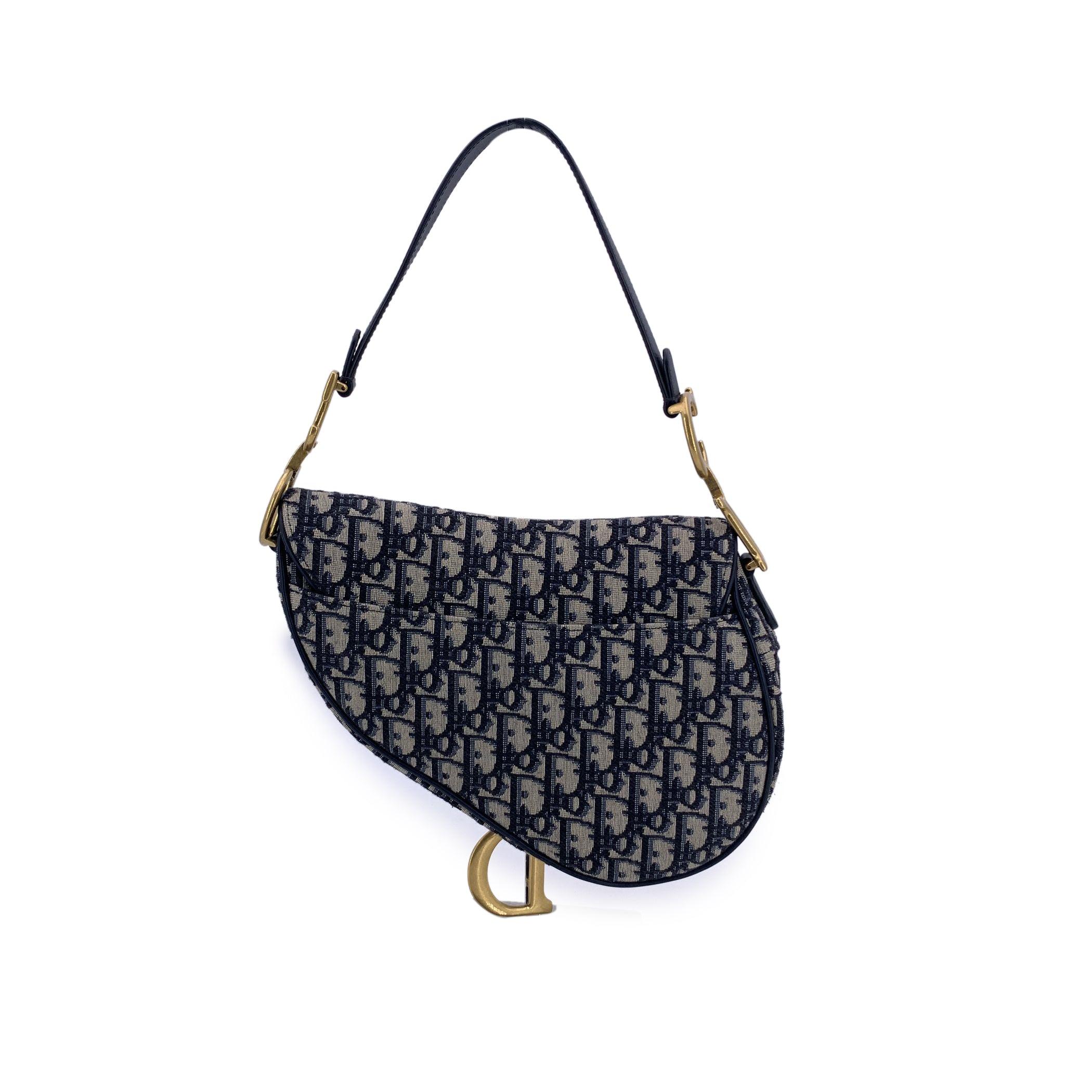 Christian Dior Blau Jacquard Oblique Canvas Medium Satteltasche (Schwarz) im Angebot