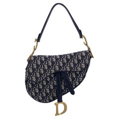 Christian Dior Blau Jacquard Oblique Canvas Medium Satteltasche