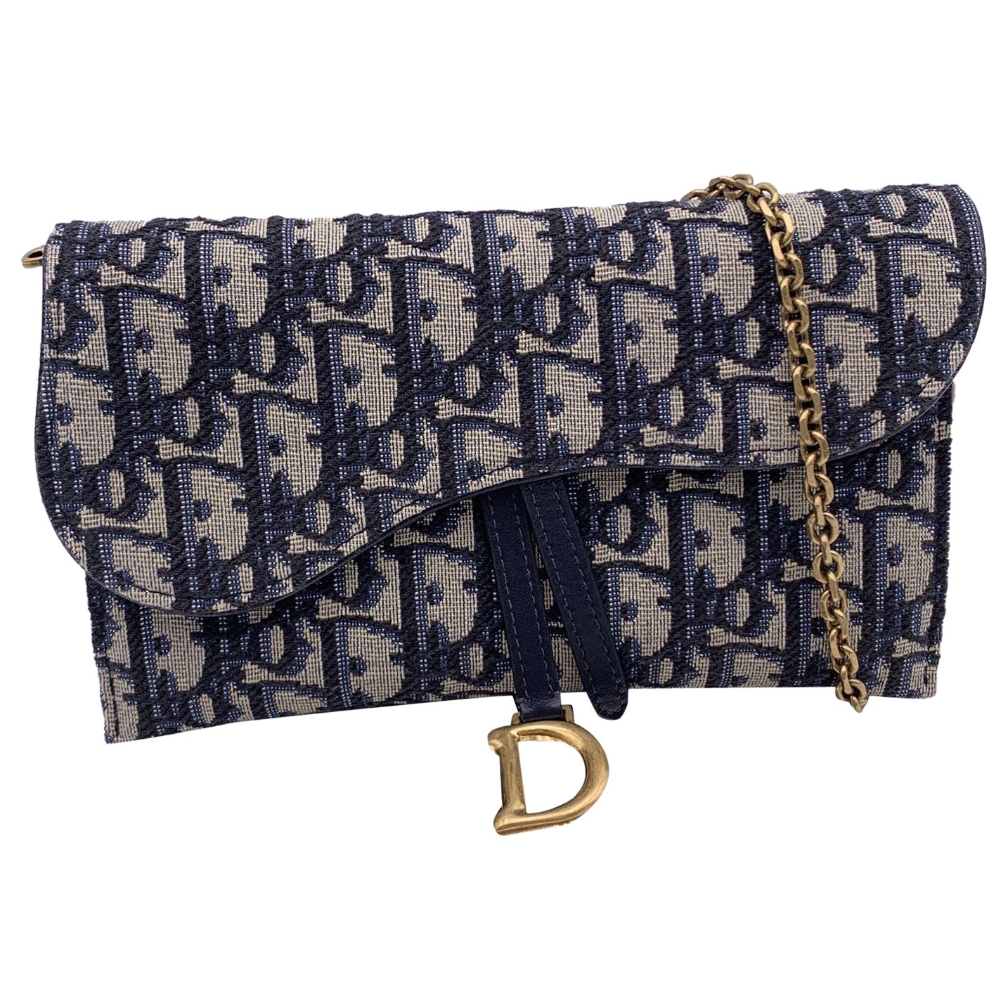 Christian Dior Blue Jacquard Oblique Canvas Saddle WOC Small Bag