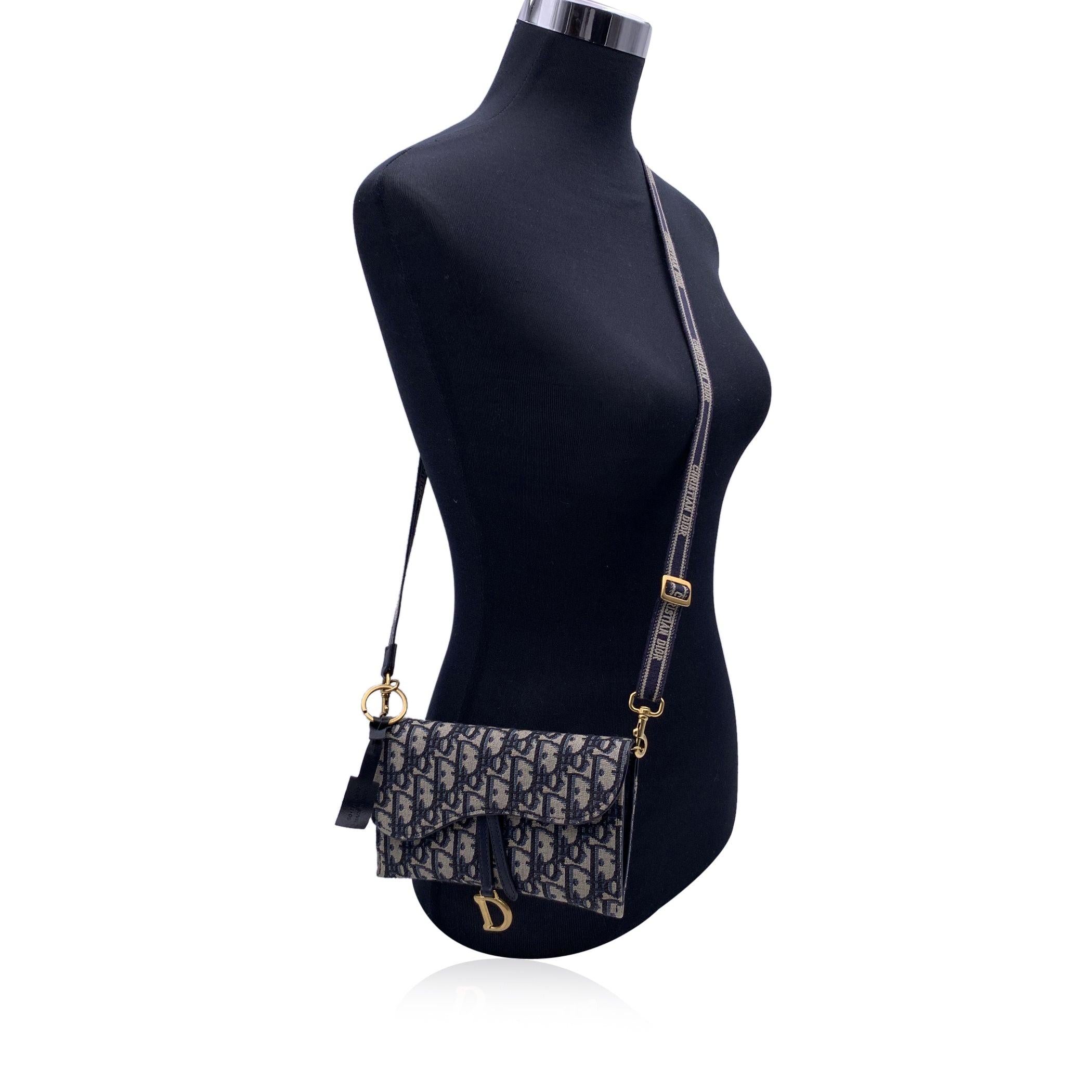 Black Christian Dior Blue Jacquard Oblique Canvas WOC Small Saddle Bag