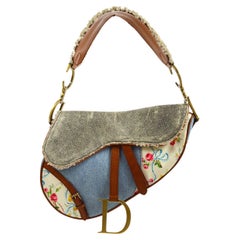 Christian Dior Blue Jean Denim Cognac Leather Floral Saddle Shoulder Flap Bag