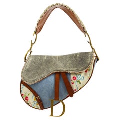 Christian Dior Blue Jean Denim Cognac Sac à bandoulière à rabat en cuir à motif floral