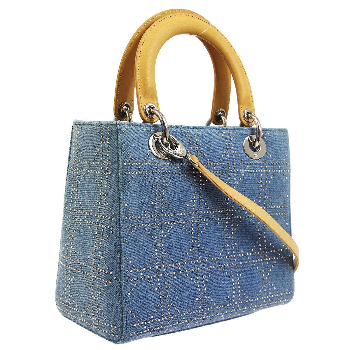 Gray Christian Dior Blue Jean Fabric Gold Leather Top Handle Satchel Shoulder Bag