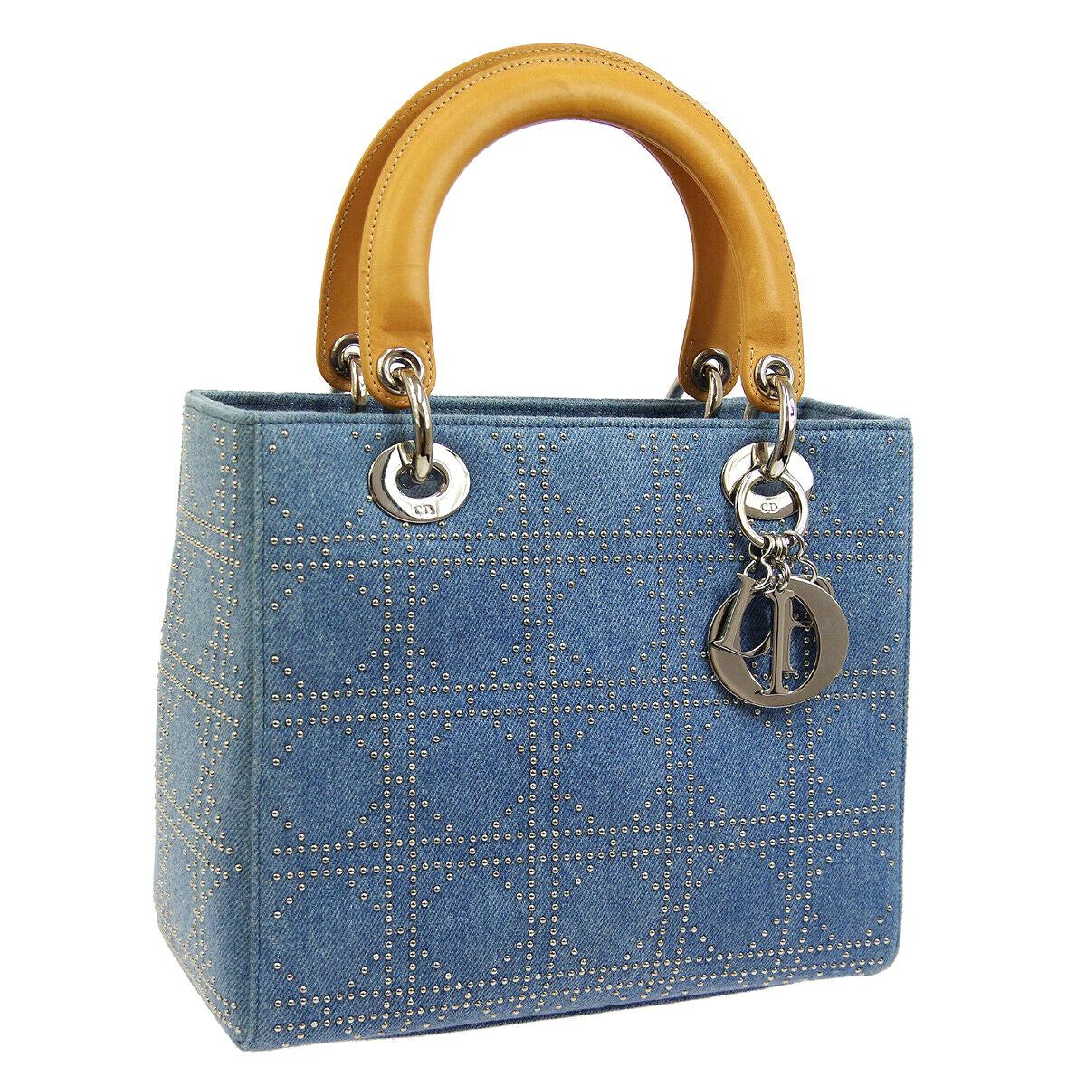 Christian Dior Blue Jean Fabric Gold Leather Top Handle Satchel Shoulder Bag