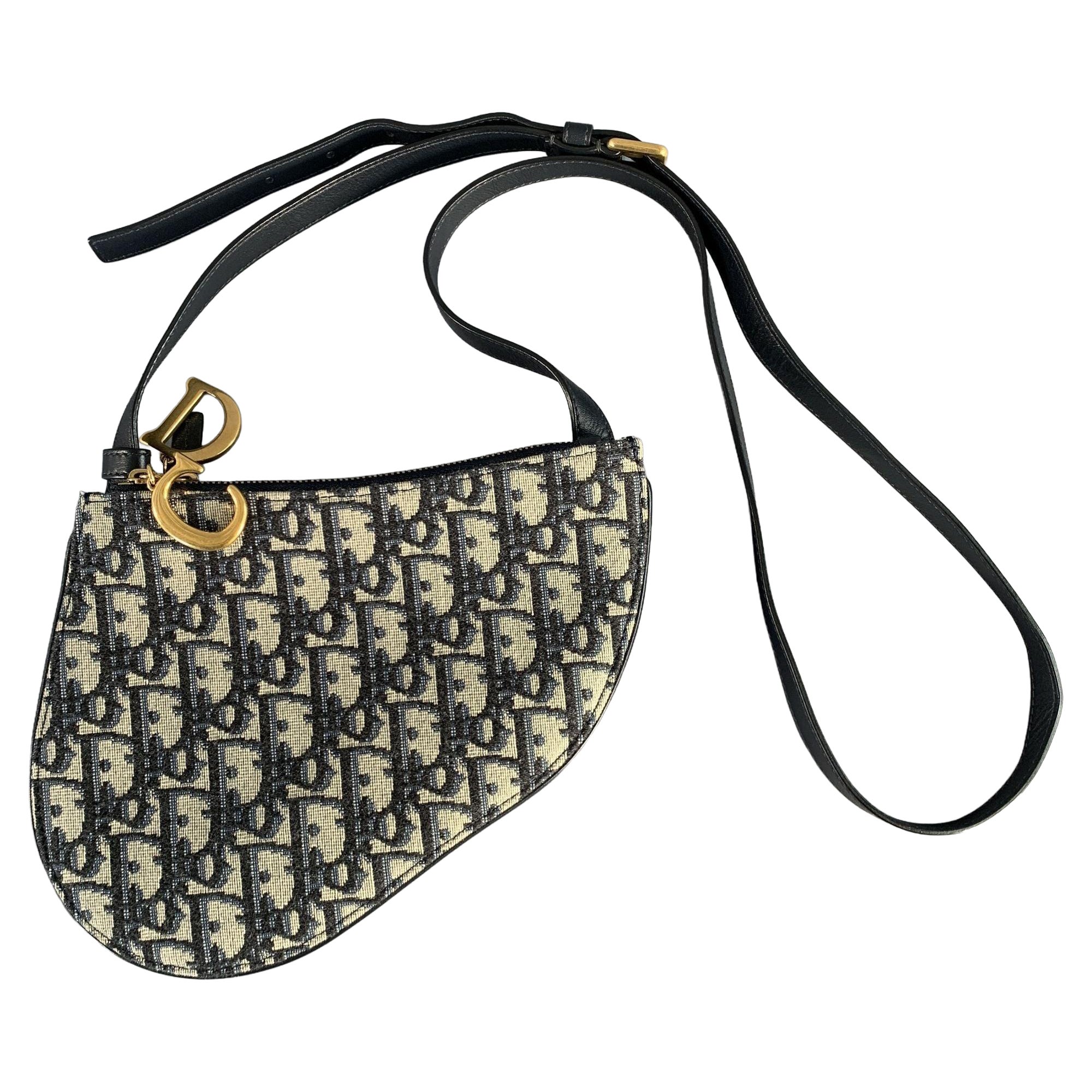 CHRISTIAN DIOR Blue Khaki Monogram Leather Trim Canvas Bags