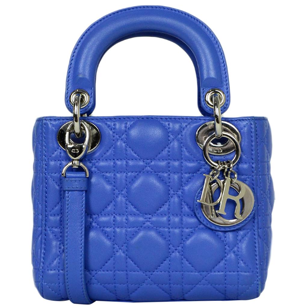Christian Dior Blue Lambskin Cannage Quilted Mini Lady Dior Crossbody Bag