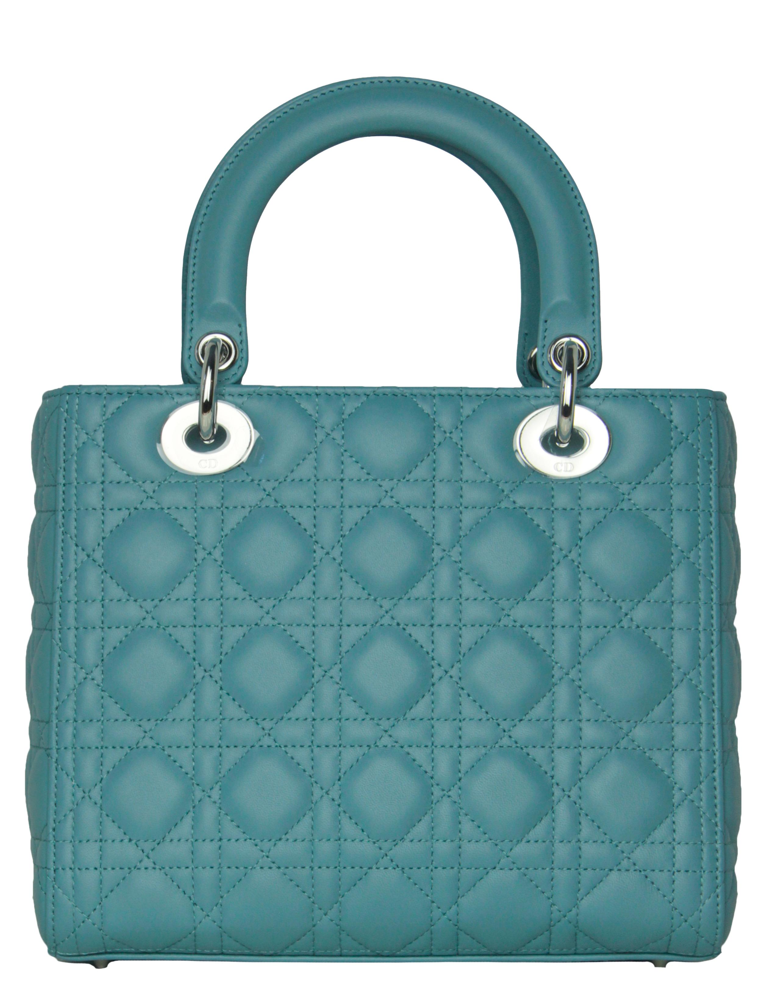 Christian Dior Blue Leather Cannage Quilted Medium Lady Dior Bag In New Condition In New York, NY