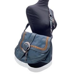 Christian Dior Blue Leather Gaucho Double Saddle Large Tote Bag