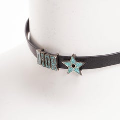 CHRISTIAN DIOR blue marble logo star charm black leather short choker