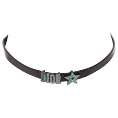 CHRISTIAN DIOR blue marble logo star charm black leather short choker