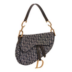 CHRISTIAN DIOR Blue Monogram Canvas & Calfskin Leather Saddle Bag