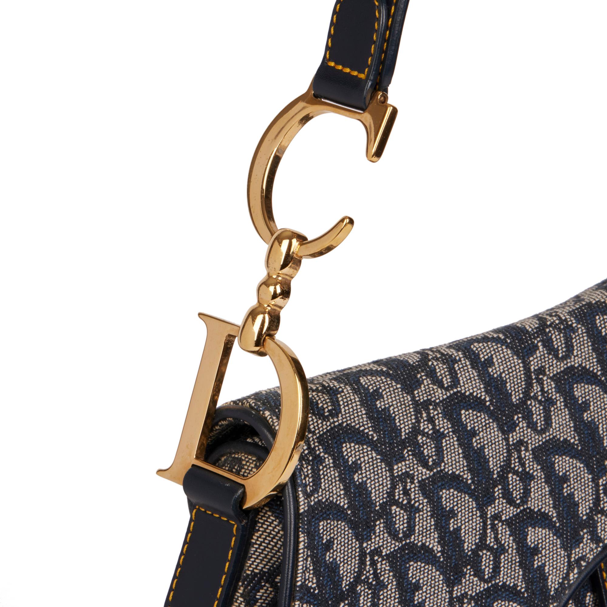 CHRISTIAN DIOR Blue Monogram Canvas & Calfskin Leather Saddle Bag In Excellent Condition In Bishop's Stortford, Hertfordshire