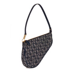 CHRISTIAN DIOR Blue Monogram Canvas & Calfskin Leather Vintage Mini Saddle Bag