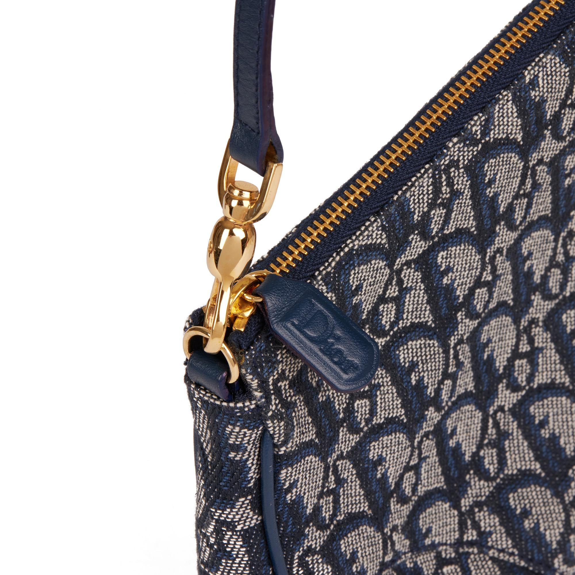 CHRISTIAN DIOR Blue Monogram Canvas & Calfskin Leather Vintage Mini Saddle Bag In Excellent Condition In Bishop's Stortford, Hertfordshire