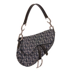 CHRISTIAN DIOR Blue Monogram Canvas & Calfskin Leather Vintage Saddle Bag