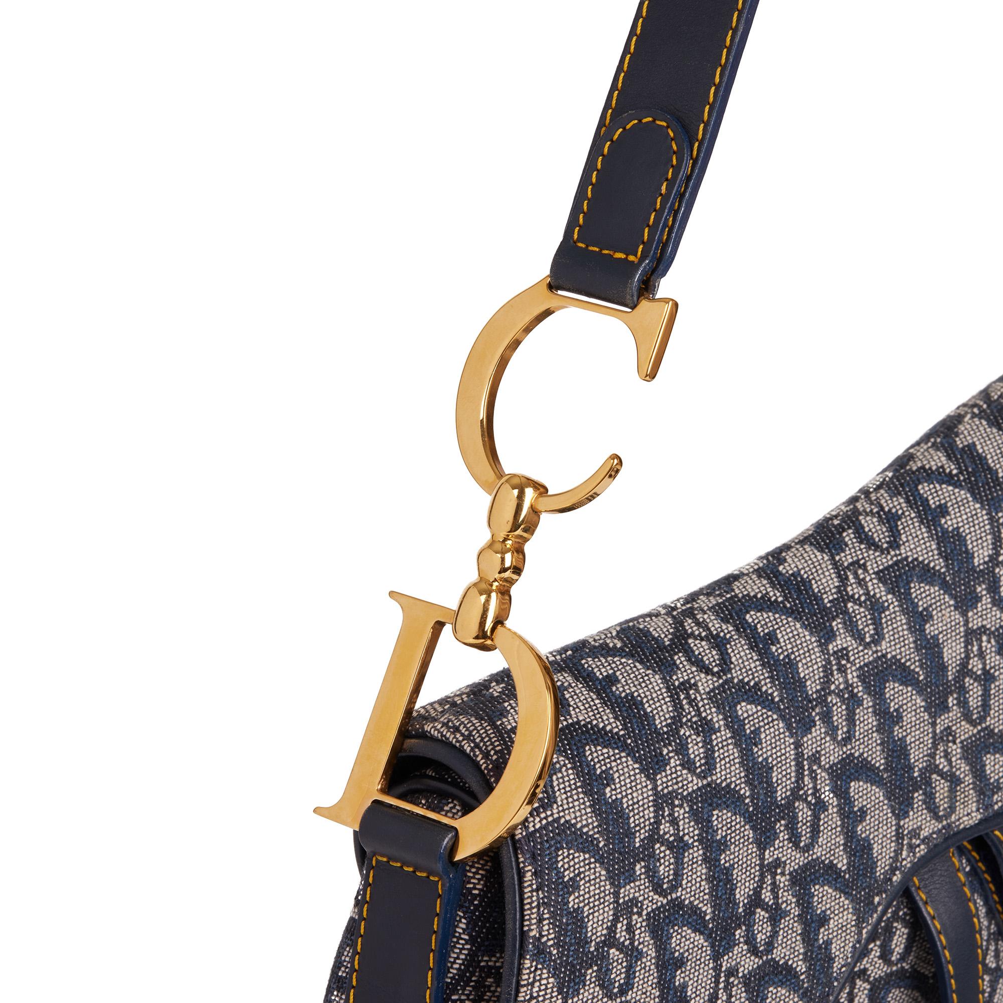 Women's or Men's Christian Dior Blue Monogram Canvas & Calfskin Leather Vintage Saddle Bag