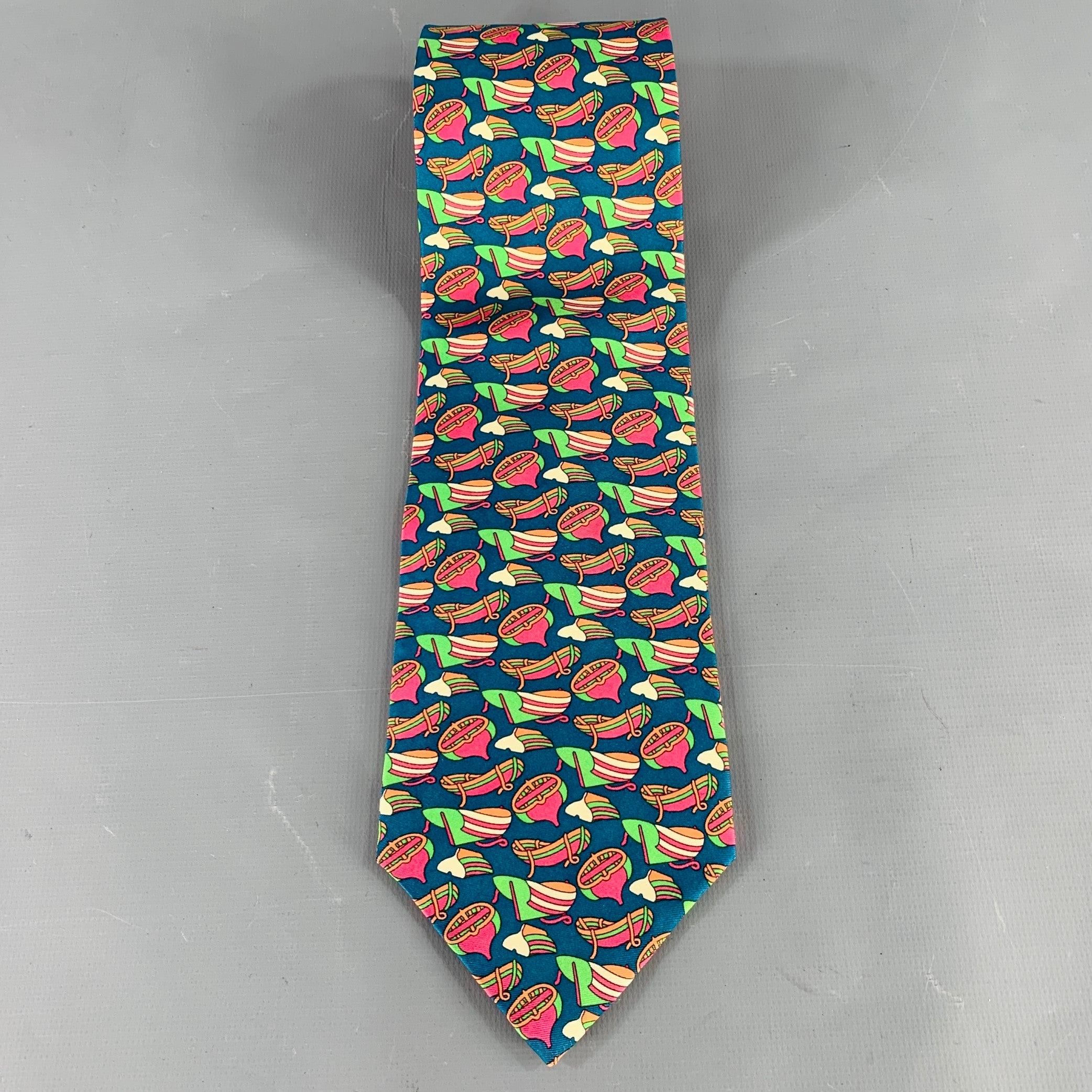 CHRISTIAN DIOR Blue Multi Color Abstract Silk Tie In Good Condition For Sale In San Francisco, CA