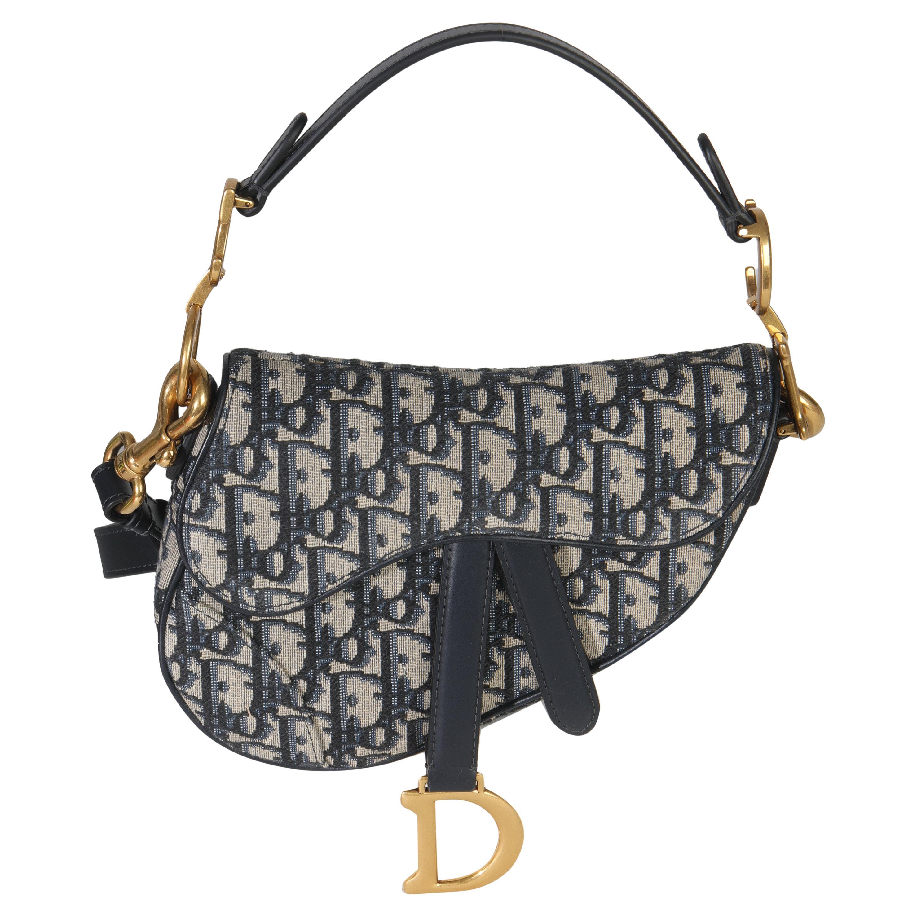 Christian Dior Borsa Mini Saddle Obliqua in Tela Blu in vendita