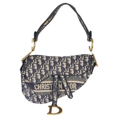 Christian Dior Blue Oblique Embroidered Medium Saddle Bag
